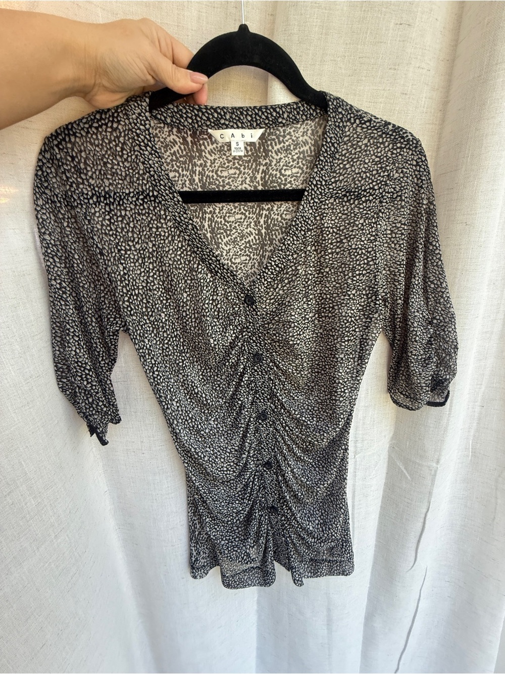 CAbi Black Gray Animal Print Ruched Button Front Sheer Blouse Size S